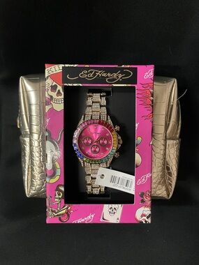 Ed Hardy Pink Dial Multicolor Crystal Women's Watch and POUCH